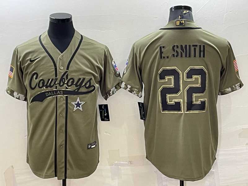 Men%27s Dallas Cowboys #22 Emmitt Smith 2022 Olive Salute to Service Cool Base Stitched Baseball Jersey